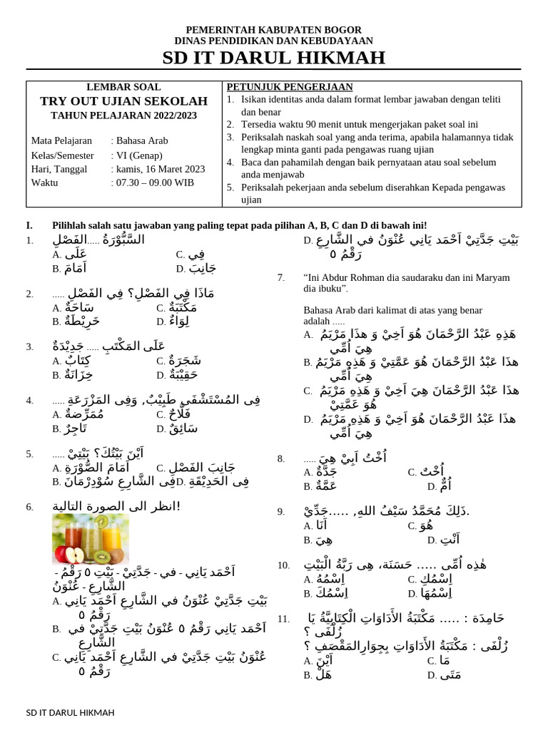 Try Out Ujian Sekolah Bahasa Arab VI | PDF