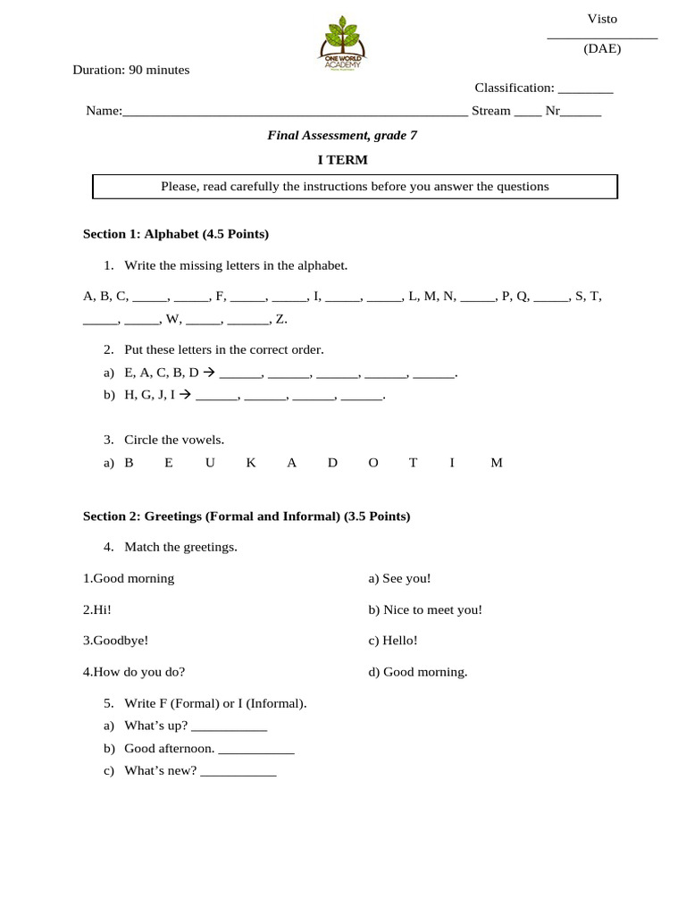 Student Assessment: Grade 7 Basics | PDF | Linguistics