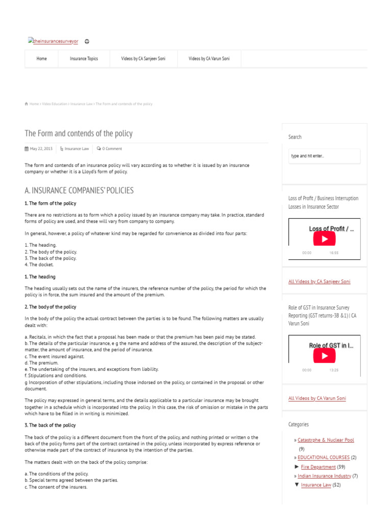 The Form and Contends of The Policy - 100209 | PDF | Insurance ...