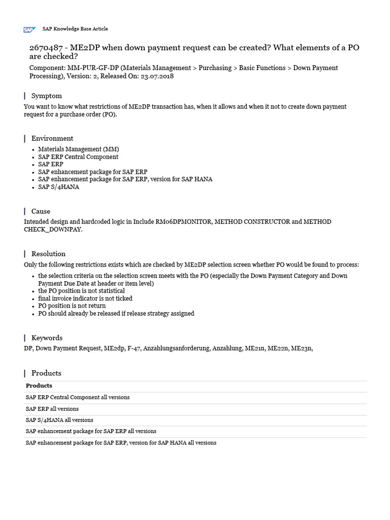 ME2DP When Down Payment Request Can Be Created? What Elements of A PO ...