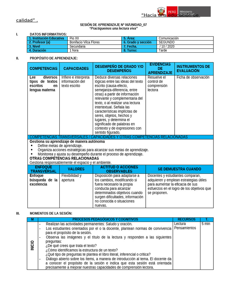 Mejora de Comprensión Lectora en Secundaria | PDF | Aprendizaje ...
