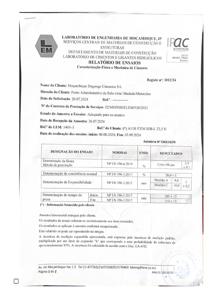 LEM Test Report of Cement 32.5&42.5 241029 | PDF