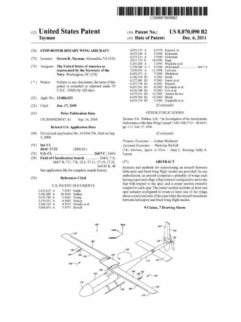US8070090B2 - Stop Rotor Rotary Wing Aircraft | PDF