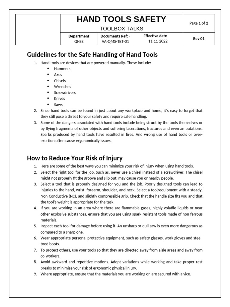 Qhse Documents-Hand Tools Safety Toolbox Talks | PDF | Occupational ...