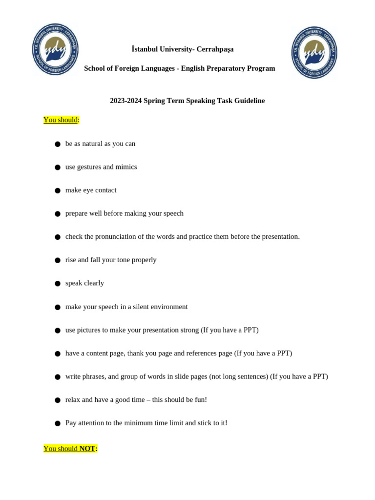 English Speaking Task Guidelines 2023-2024 | PDF