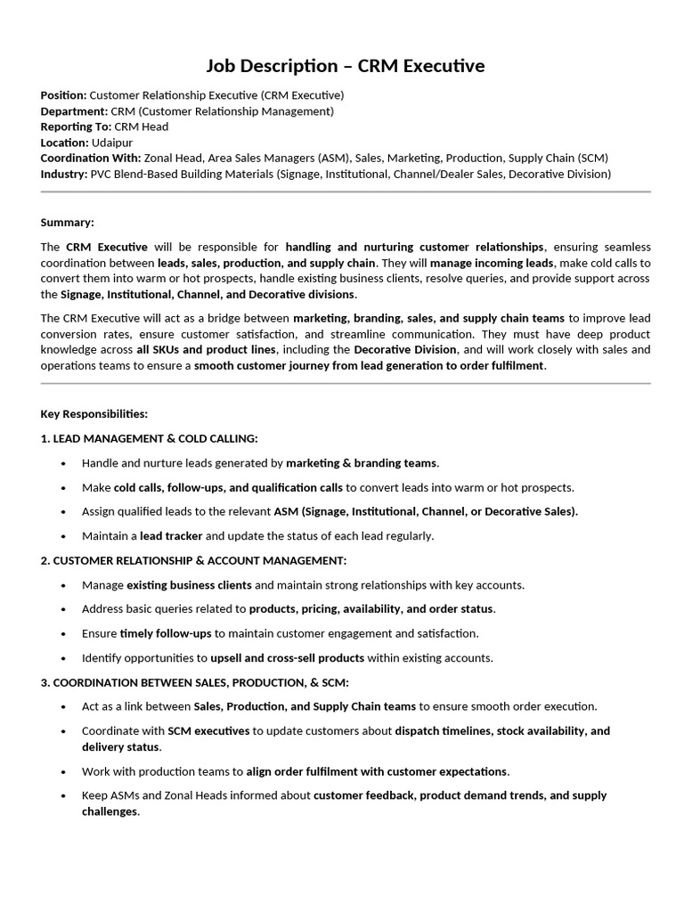Job Description - CRM Executive | PDF | Customer Relationship ...