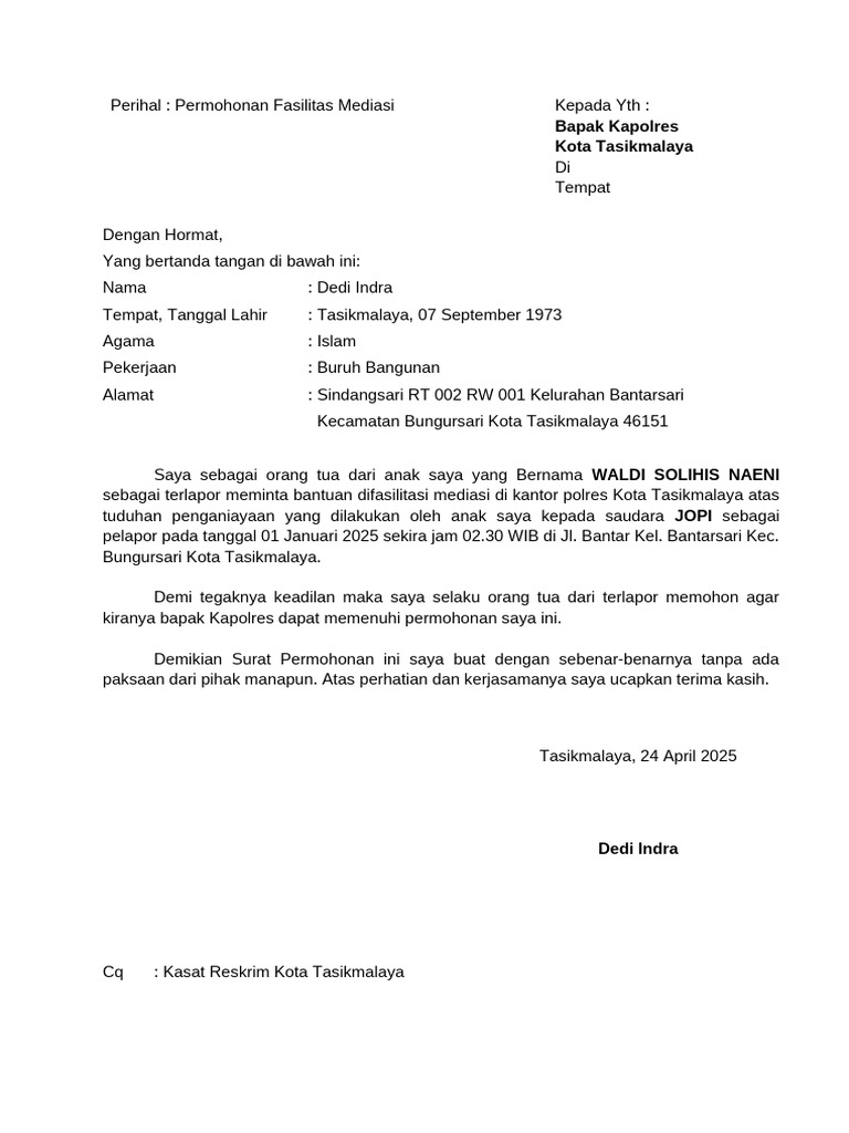 Surat Permohonan Mediasi Kapolres | PDF