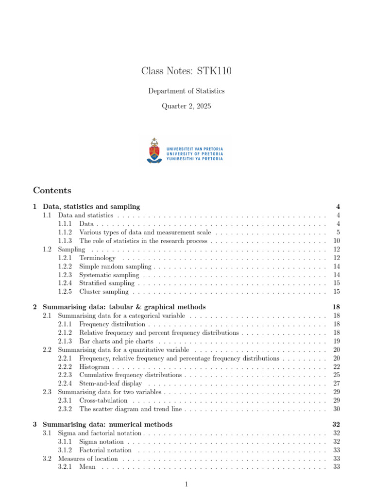 STK110 Stats Notes - Quarter 2, 2025 | PDF | Sampling (Statistics ...