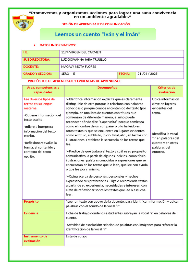 Aprendizaje de la Vocal "i" en Clase | PDF | Aprendizaje | Evaluación