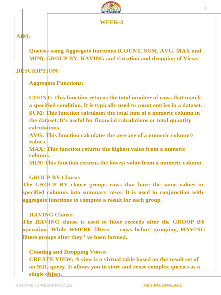 Adityaengineeringcolle GE: REG - NO.23A91A61 55 | PDF | Data Management ...