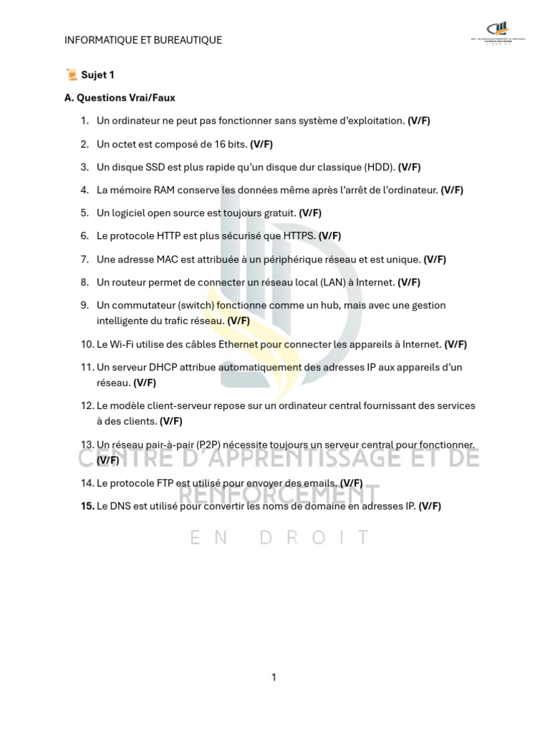 Questions de base en informatique et bureautique | PDF | Adresse IP ...