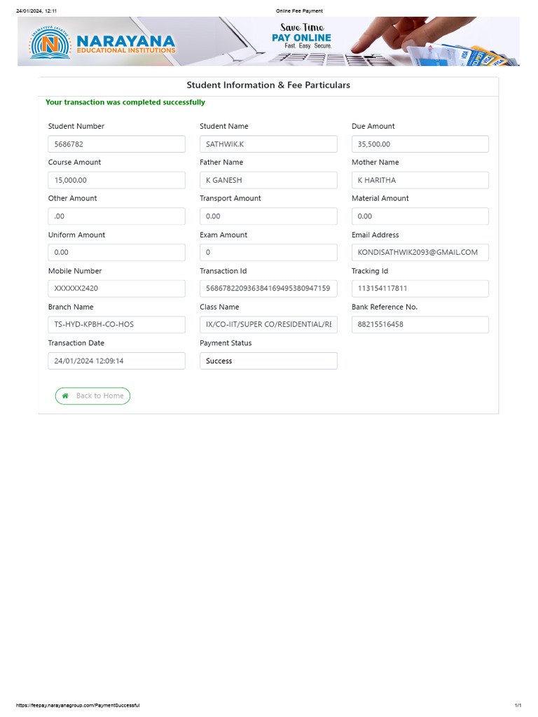 Fee Payment Confirmation for Student | PDF