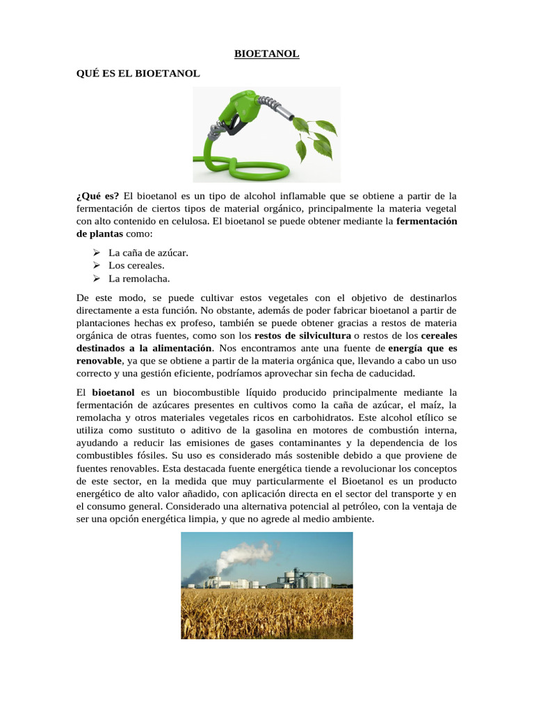 Bioetanol: Biocombustible Renovable Eficiente | PDF | Combustible de ...