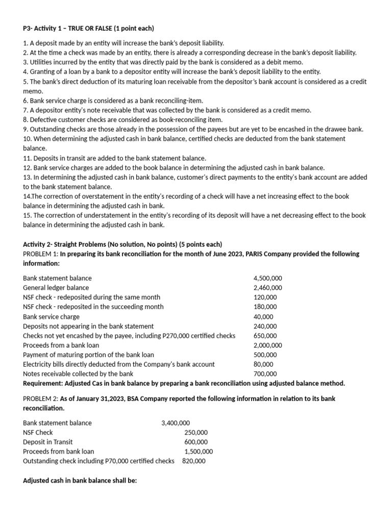 Acc 103 p3 Activities Due On Friday | PDF | Debits And Credits | Banks