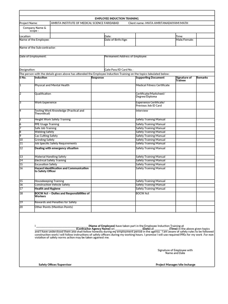 Employee Induction Training Record | PDF | Employment | Personal ...