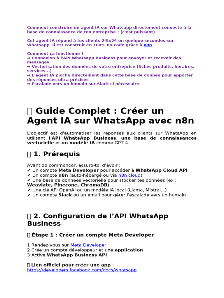 Créer un agent IA sur WhatsApp avec n8n | PDF | Workflow | Cloud computing