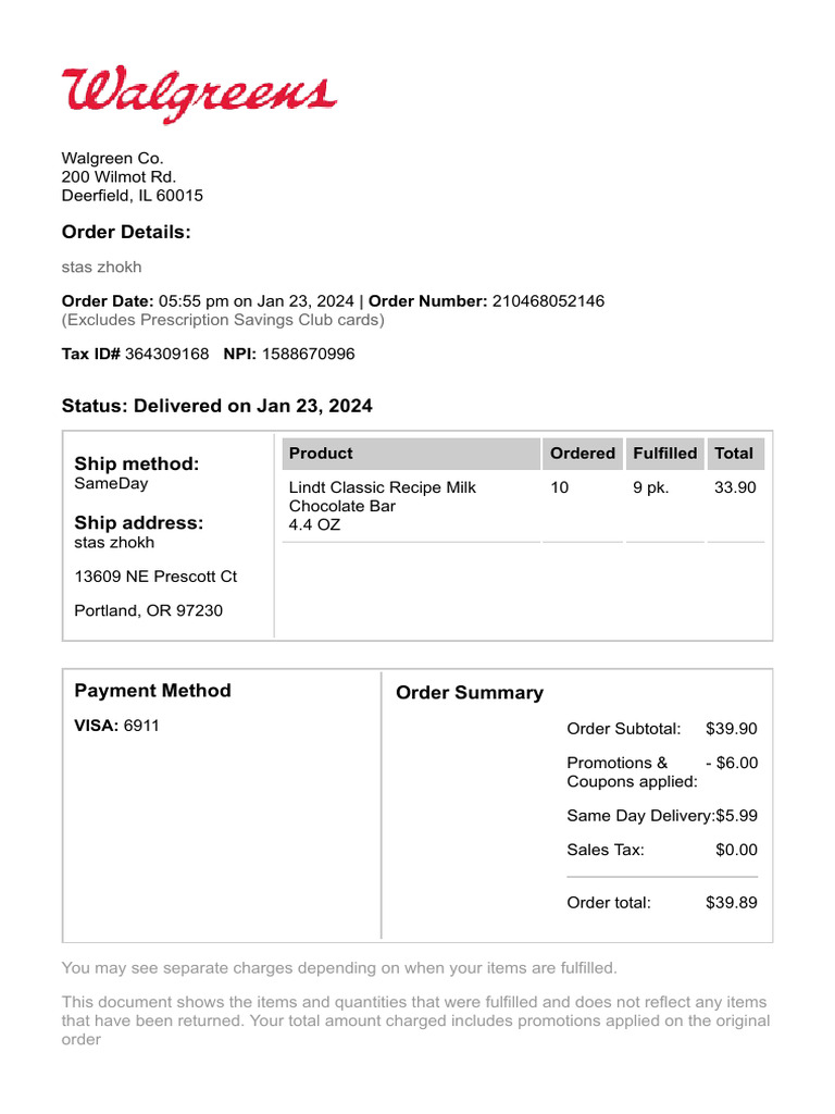 Order Summary for Same Day Delivery | PDF