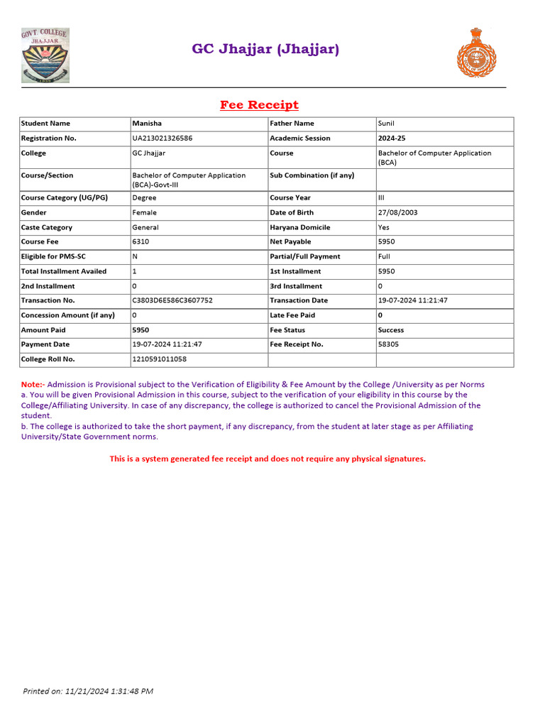 FeeReciept 607752 | PDF | Payments