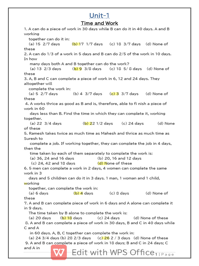 Time and Work Problems Explained | PDF | Speed | Metre