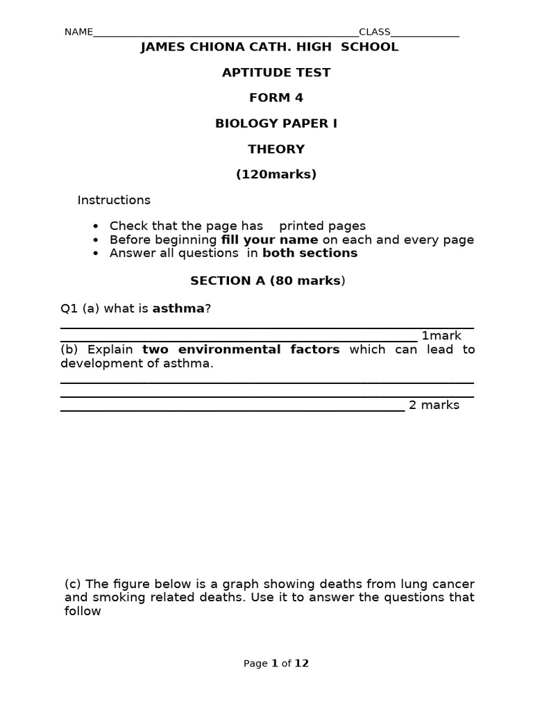 Form 4 Biology Aptitude Test Paper | PDF | Kidney | Medical Specialties