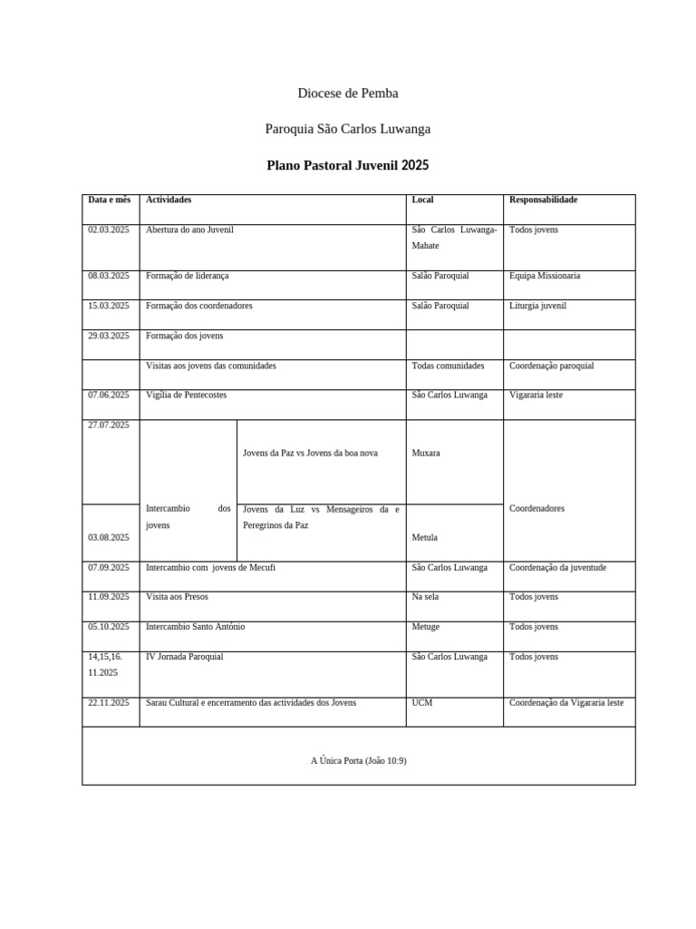 Plano Pastoral Juvenil 2025 - Diocese de Pemba | PDF