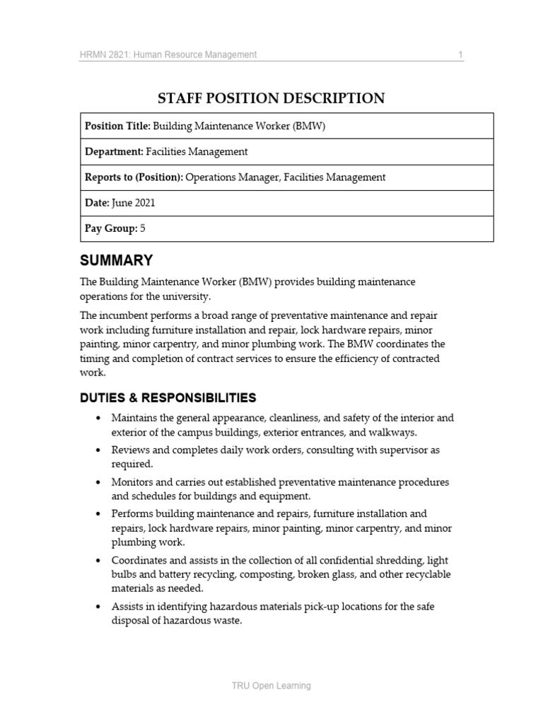 Building Maintenance Worker Job Description | PDF