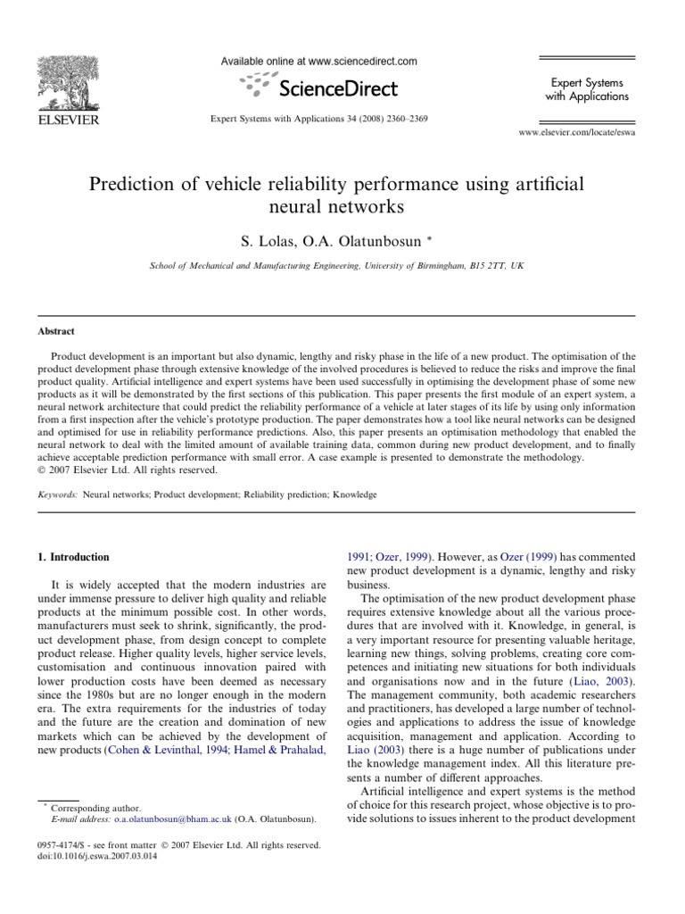 Vehicle Reliability Prediction with Neural Networks | PDF | Reliability ...