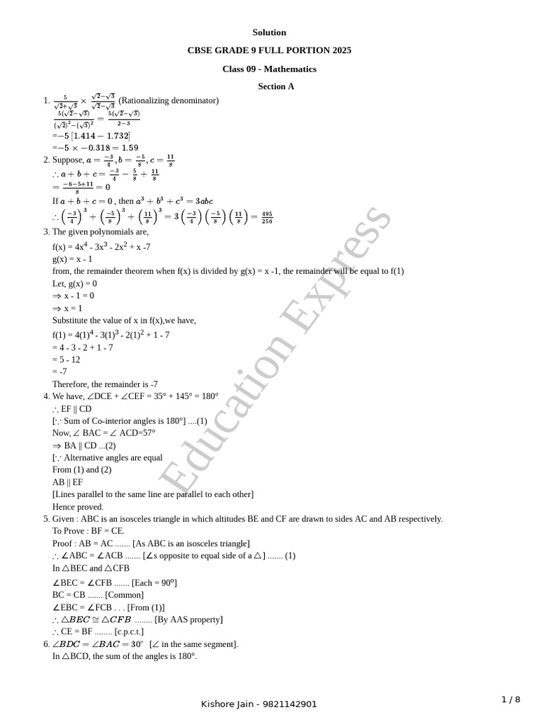 CBSE Grade 9 Mathematics Solutions 2025 | PDF | Area | Angle