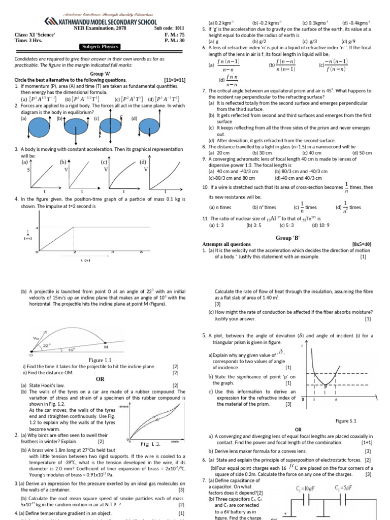 NEB Class XI Physics Exam 2078 | PDF | Force | Friction