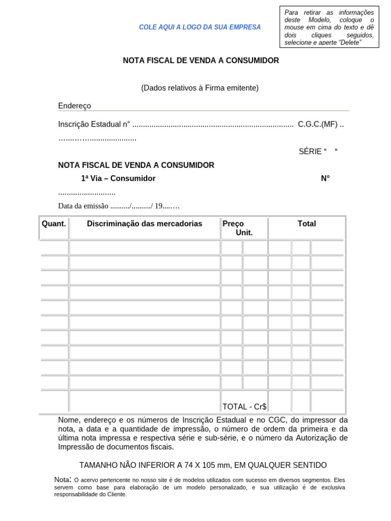 Modelo de Nota Fiscal de Venda | PDF | Recibo