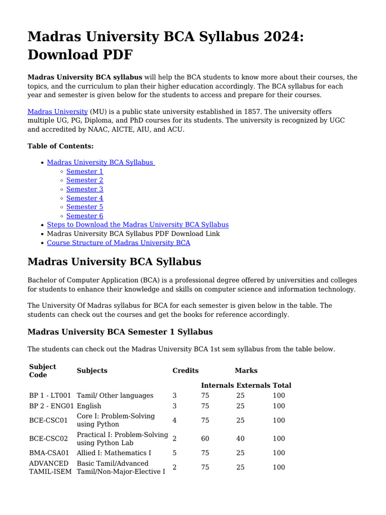 Madras University BCA Syllabus 2024 | PDF | Computer Programming ...