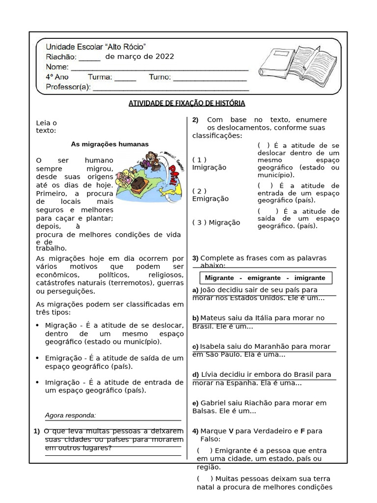 Atividade sobre Migrações e Classificações | PDF | Migração humana ...