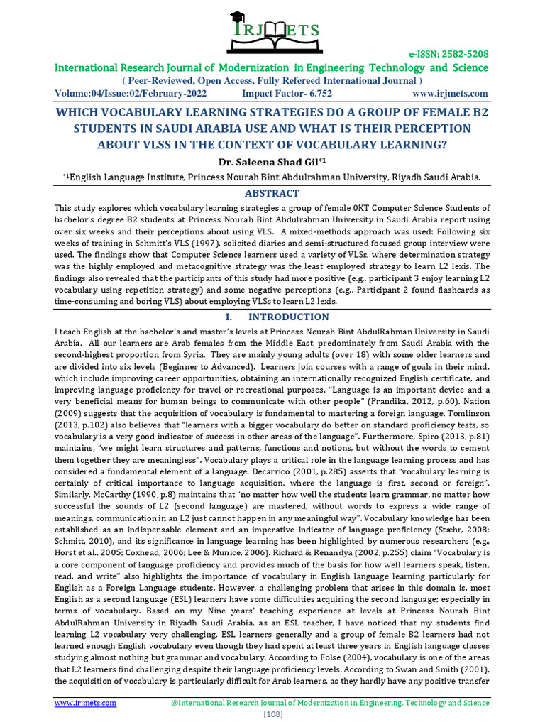 Vocabulary Learning Strategies in Saudi B2 Students | PDF | Second ...