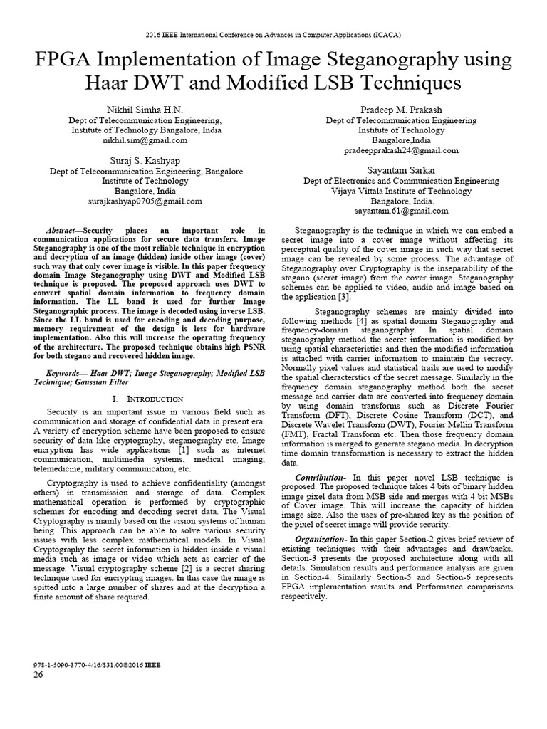 FPGA Implementation of Image Steganography Using Haar DWT and Modified ...