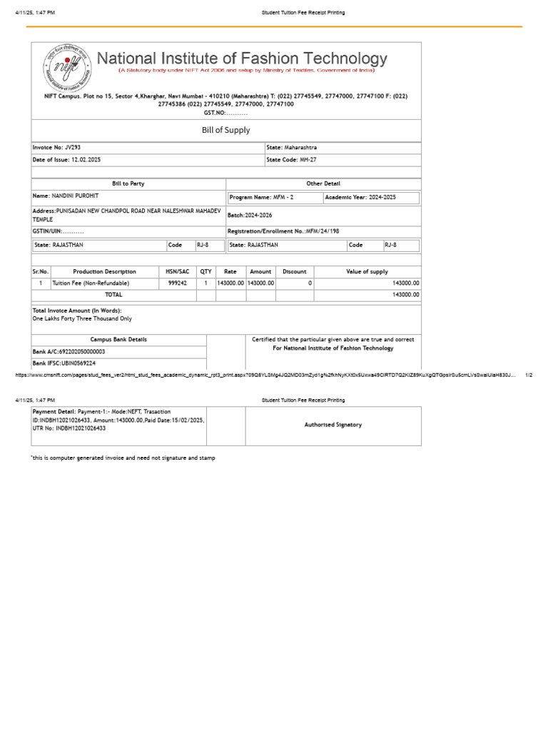 Student Tuition Fee Receipt | PDF | Payments | Business Documents