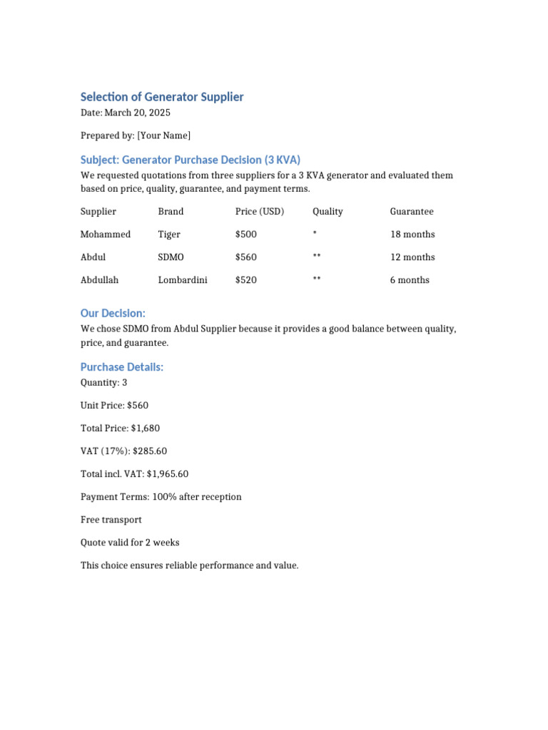 3 KVA Generator Supplier Selection | PDF