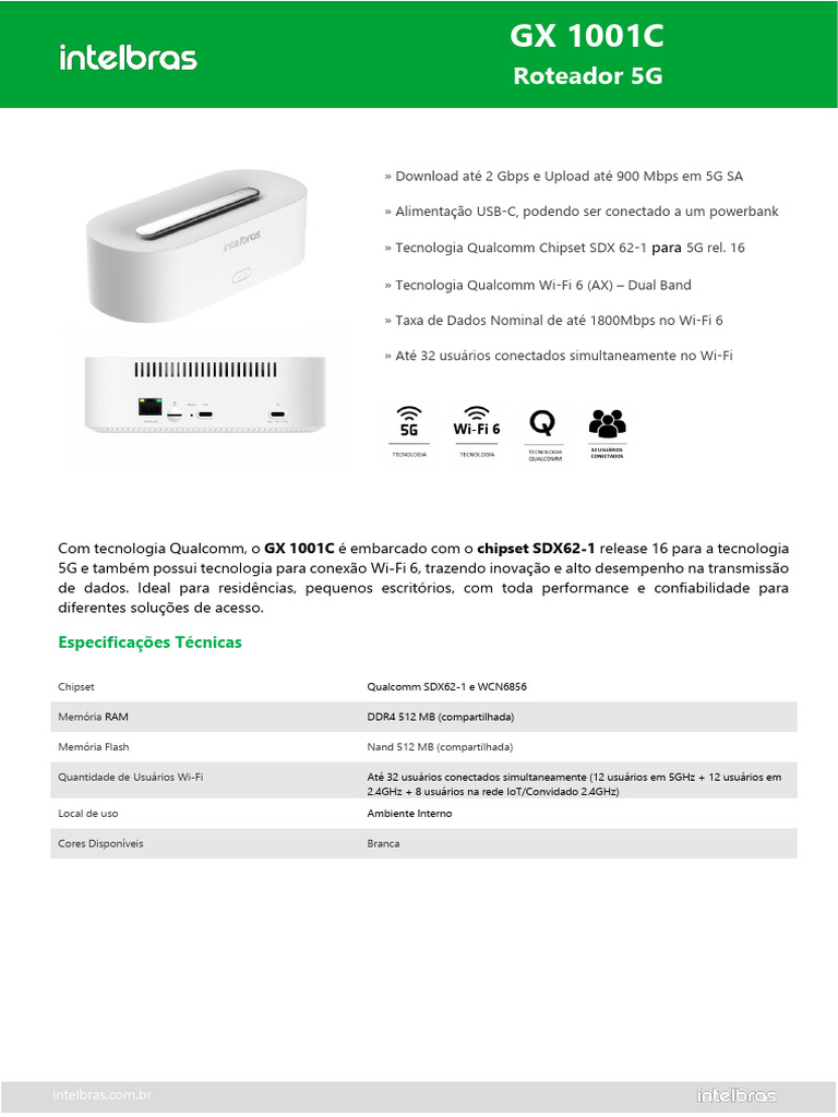 Roteador 5G Intelbras GX 1001C | PDF | Wi-Fi | LTE (telecomunicação)