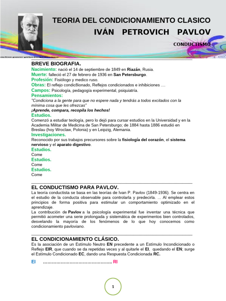 Teoría del Condicionamiento Clásico de Pavlov | PDF | Condicionamiento ...