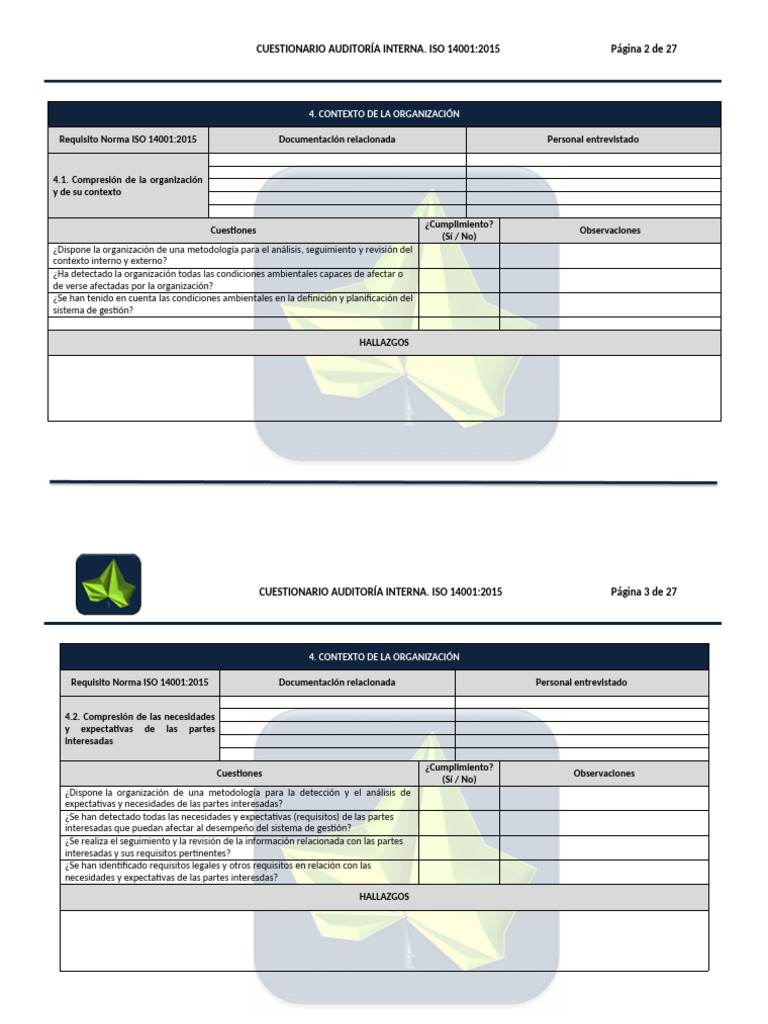 Cuestionario Auditoría Interna ISO 14001 | PDF | Auditoría | Planificación