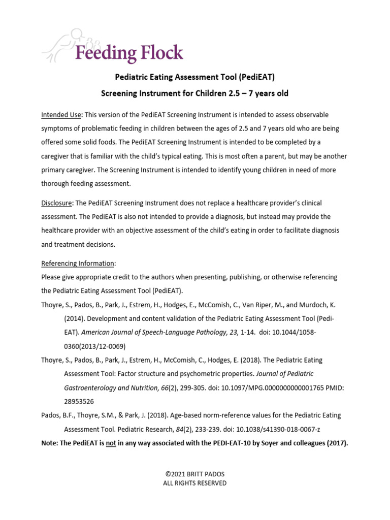PediEAT Screener 2.5-7yrs English 2 | PDF | Health Care | Behavioural ...