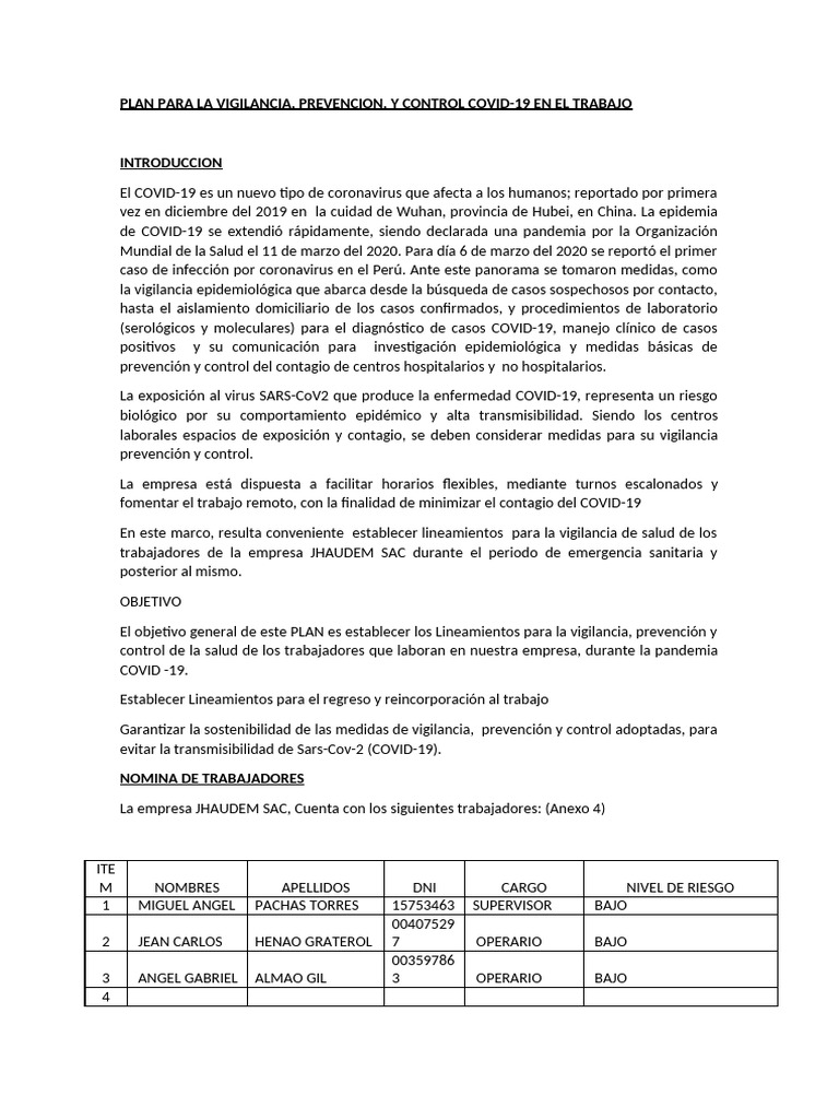 Plan de Prevención COVID-19 en el Trabajo | PDF | Lavado de manos ...