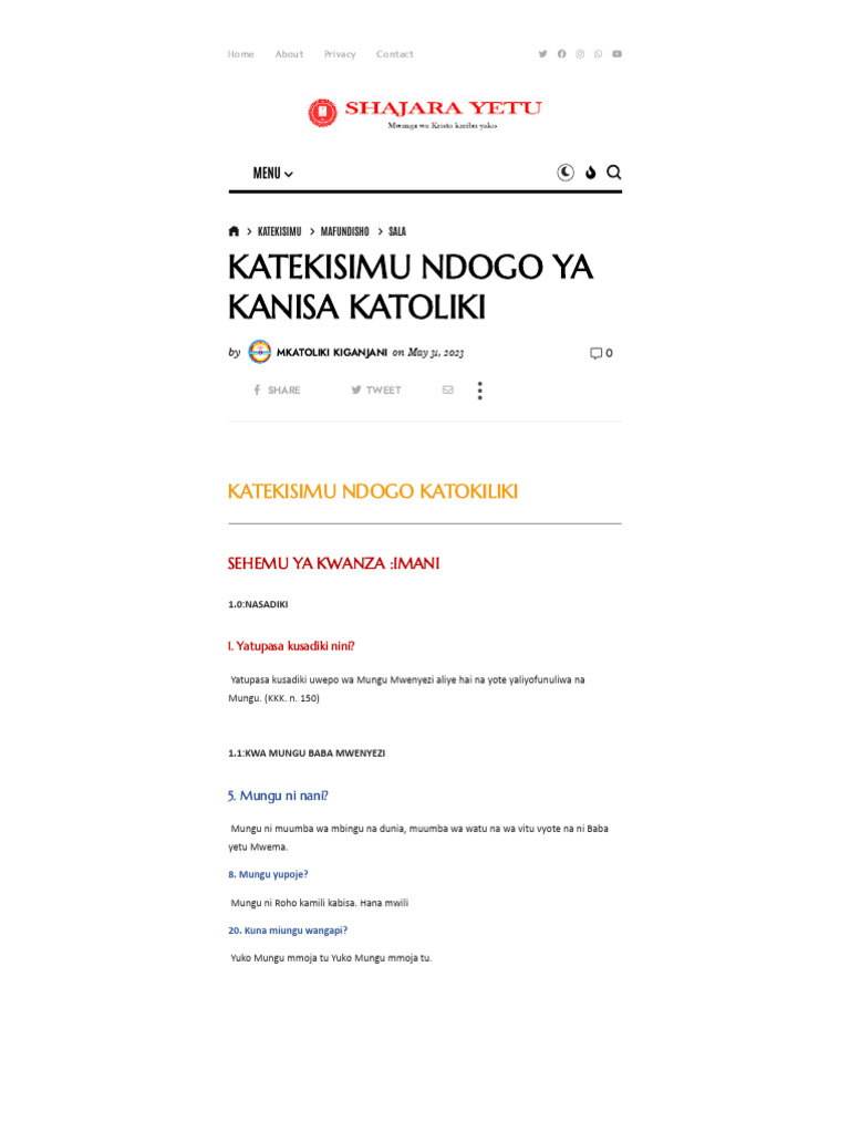 Katekisimu Ndogo Ya Kanisa Katoliki - Shajara Yetu | PDF
