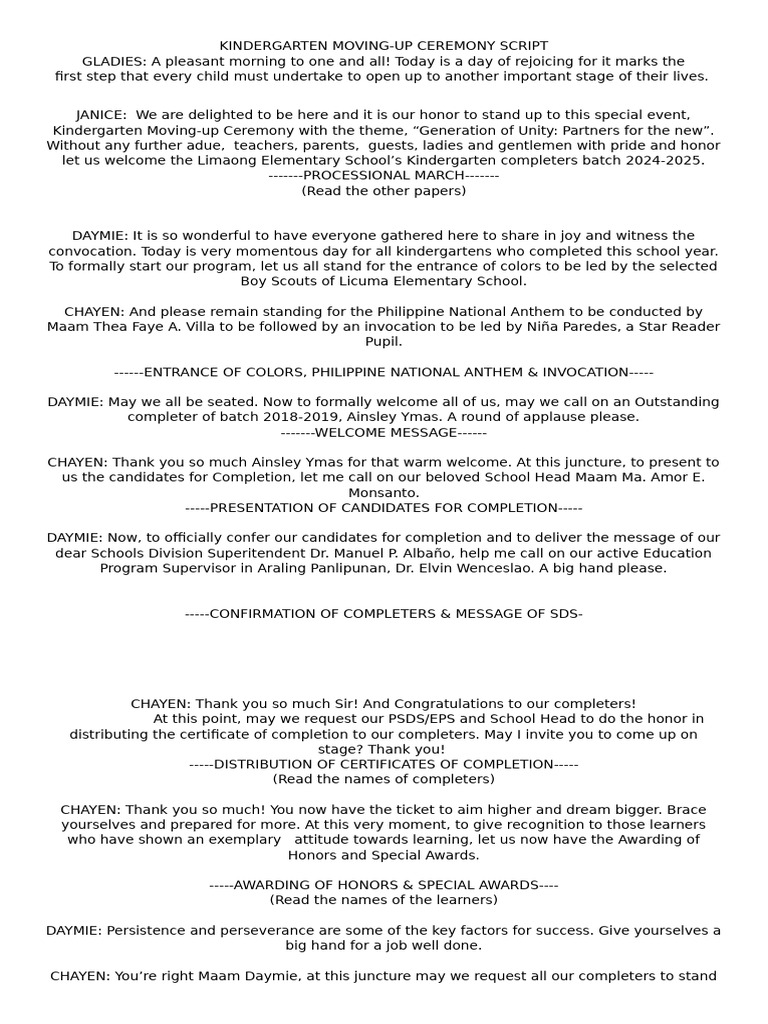 Kindergarten Moving-Up Ceremony Script | PDF