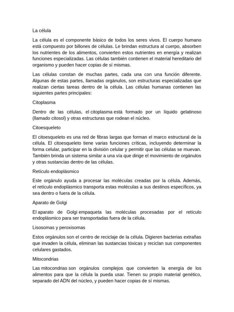 Estructura y funciones de la célula humana | PDF | Biología Celular ...