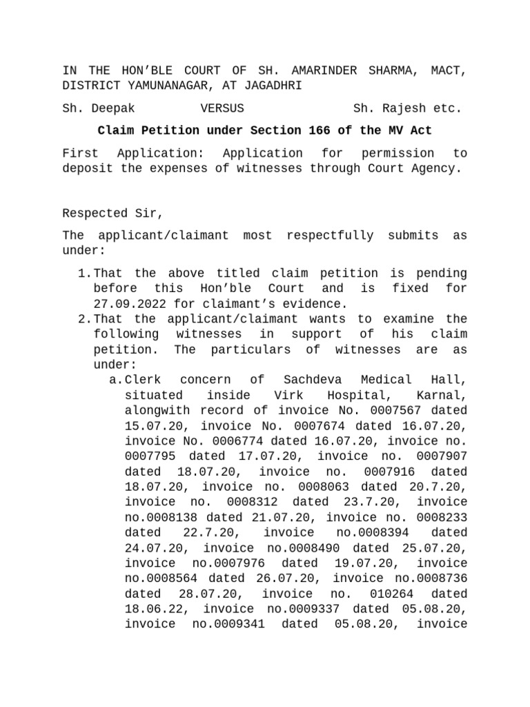 Witness Expense Application in MACT Case | PDF | Medicine | Health Care