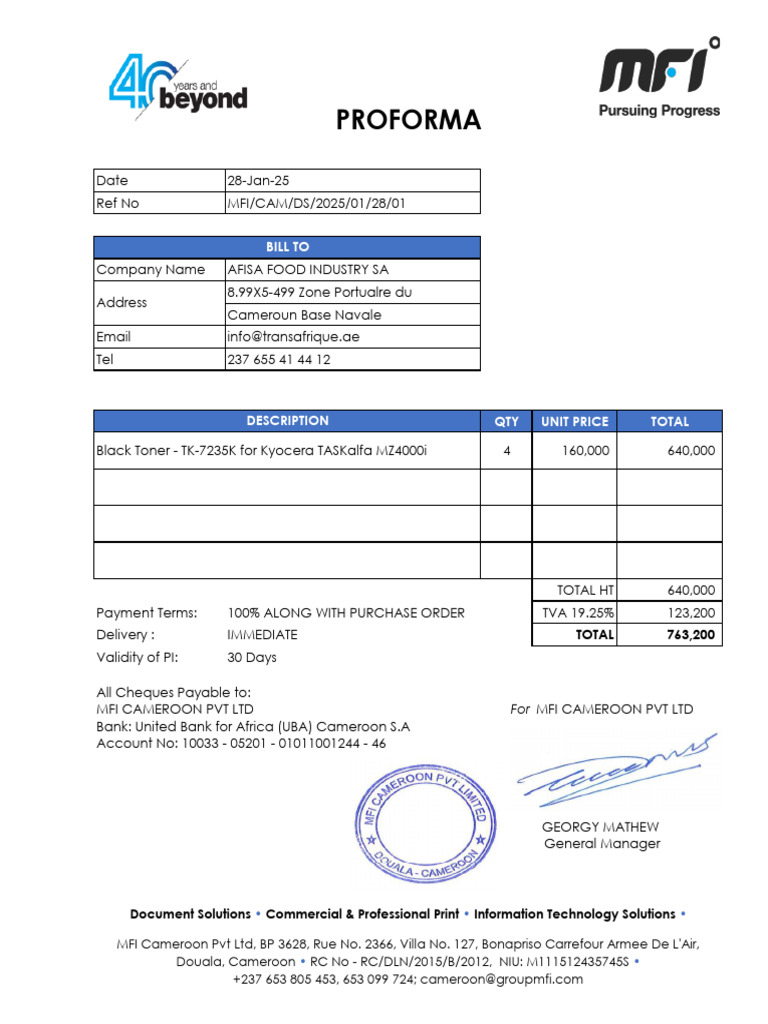 AFISA - Proforma For Toners (28.01.2025) | PDF