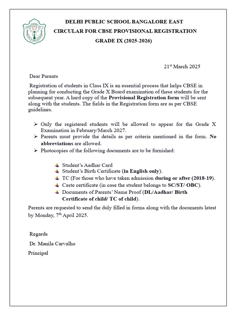 CBSE Grade IX Registration Deadline 2025 | PDF