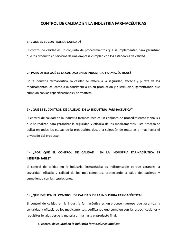 Control de Calidad en La Industria Farmacéuticas | PDF | Calidad ...