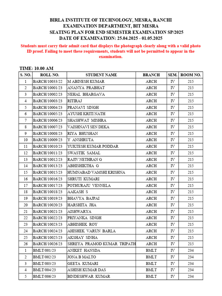 End Semester Exam Seating Plan 2025 | PDF