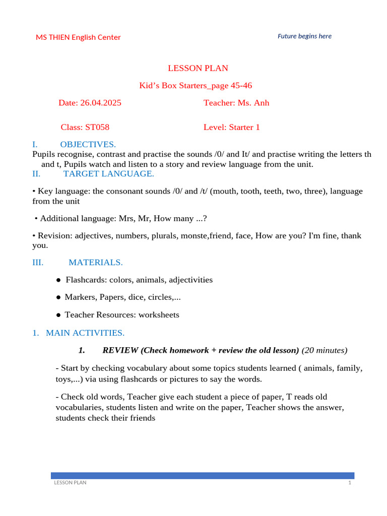Starter 1 Lesson Plan: Sounds & Vocabulary | PDF | English Language ...